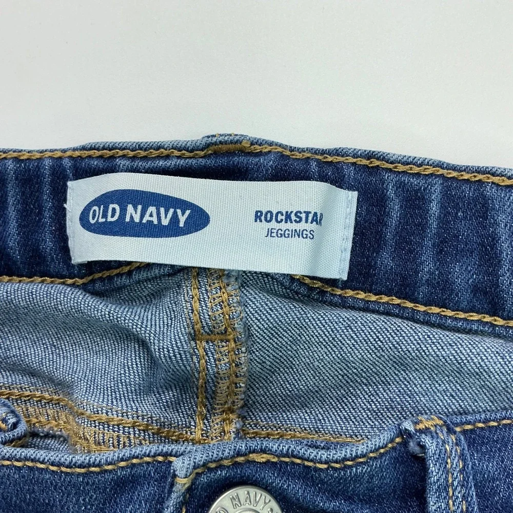 Old Navy Blue Rockstar Jeggings Kids 7 Sequin Star Patch Raw Hem S/343325-00